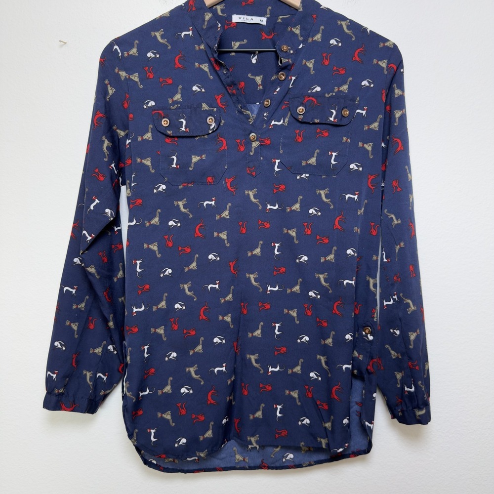 Vila Women Cat Print Top Medium Navy Blue Henley Popover Roll-Tab Tunic Novelty